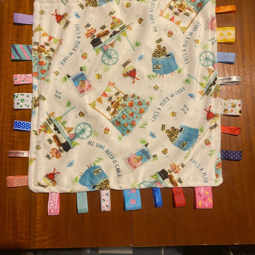 Handmade Colorful Tag Blanket w/ Cake Picnic Party Minky Front Bee Flannel Back